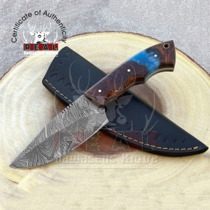 Handmade Damascus Steel Fixed Blade Knife, Full Tang Epoxy And Rose Wood Handle