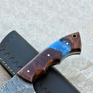 Damascus Steel Fixed Blade Knife, Full Tang Custom Epoxy And Rose Wood Handle Knives