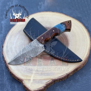 Damascus Steel Fixed Blade Knife, Full Tang Custom Epoxy And Rose Wood Handle Knives