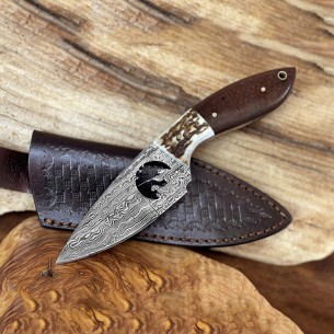 Damascus Steel Hunting Knife - 8" Custom Knife With Stag Antler And Composite Handle