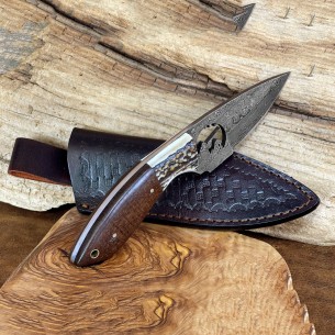 Damascus Steel Hunting Knife - 8" Custom Knife With Stag Antler And Composite Handle