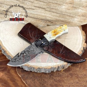 Custom Damascus Steel Fixed Blade Knife With Camel Bone Handle For Sale