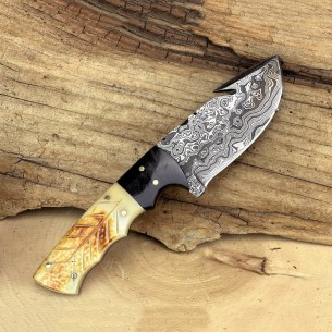 Custom Damascus Steel Fixed Blade Knife With Camel Bone Handle For Sale