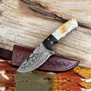 Custom Damascus Steel Fixed Blade Knife With Camel Bone Handle For Sale