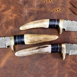 Damascus Steel Hunting Knife Stag Antler Handle Camping Knife Damascus Fixed Blade Pocket Knife