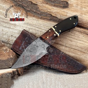 Damascus Steel fixed utility blade Knife - Custom Rosewood And Buffalo Horn Handle Fixed Blade Knife 