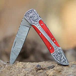 Red Pakka Wood Damascus Steel Folding Knife Handmade Pocket Knife