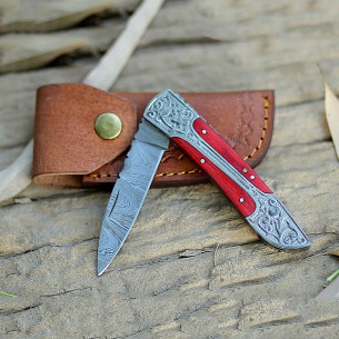 Red Pakka Wood Damascus Steel Folding Knife Handmade Pocket Knife