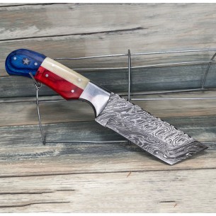 Red White And Blue America Cleaver Damascus Fixed Blade Knife USA Texas Flag