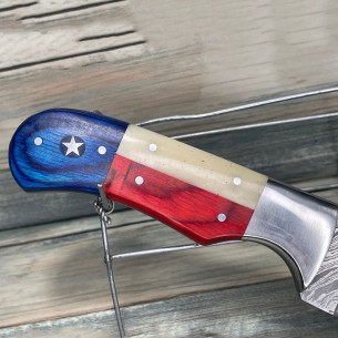 Red White And Blue America Cleaver Damascus Fixed Blade Knife USA Texas Flag