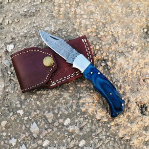 Handmade Damascus Folding Pocket Knife Blue Dollar Sheet Knife