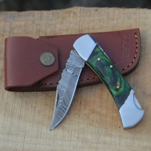 Custom Handmade Damascus Steel Blade Knife Green Dollar Sheet Pocket Knife