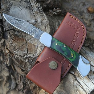 Custom Handmade Damascus Steel Blade Knife Green Dollar Sheet Pocket Knife