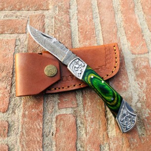 Damascus Folding Knife Back Lock Knife Green Dollar Sheet Pocket Knife