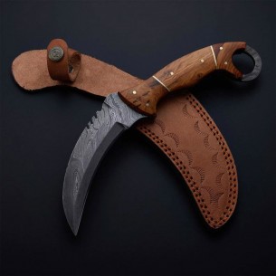 Hand Made Damascus Karambit Double Edge Hunting Knife With Leather Sheath 