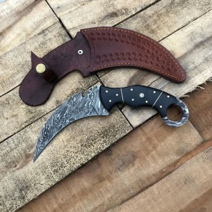 Custom Handmade Damascus Karambit Hunting Knife With Leather Sheath