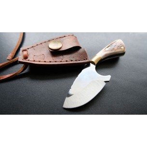 Custom Made Mini Neck Pocket Knife With Leather Sheath Deer Horn Handle 