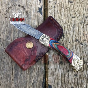 Personalized Damascus Steel Pocket Knife Wood Handle Folding Knife