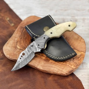 Camel Bone Damascus Stainless Steel Pocket Knife - Handmade Folding Knife