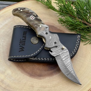 Personalized Damascus Gerber Pocket Folding Knife Ram Horn Handlex