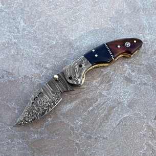 Custom Personalized Damascus Stainless Steel Folding Knife Buffalo Horn