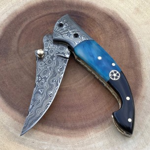 Damascus Best Folding Knife Camel Bone And Buffalo Horn Handle