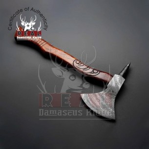 Handmade Damascus Steel Custom Axe / Hatchet With Beautiful Rose Wood Handle Included Leather Sheath